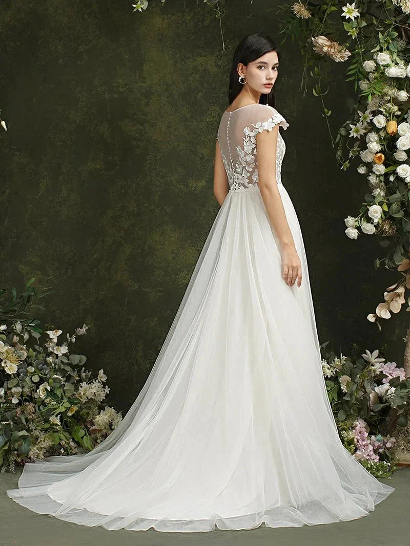 Biztunnel Long A-line Sweetheart Chiffon Lace Wedding Dresses with slit - Image 6