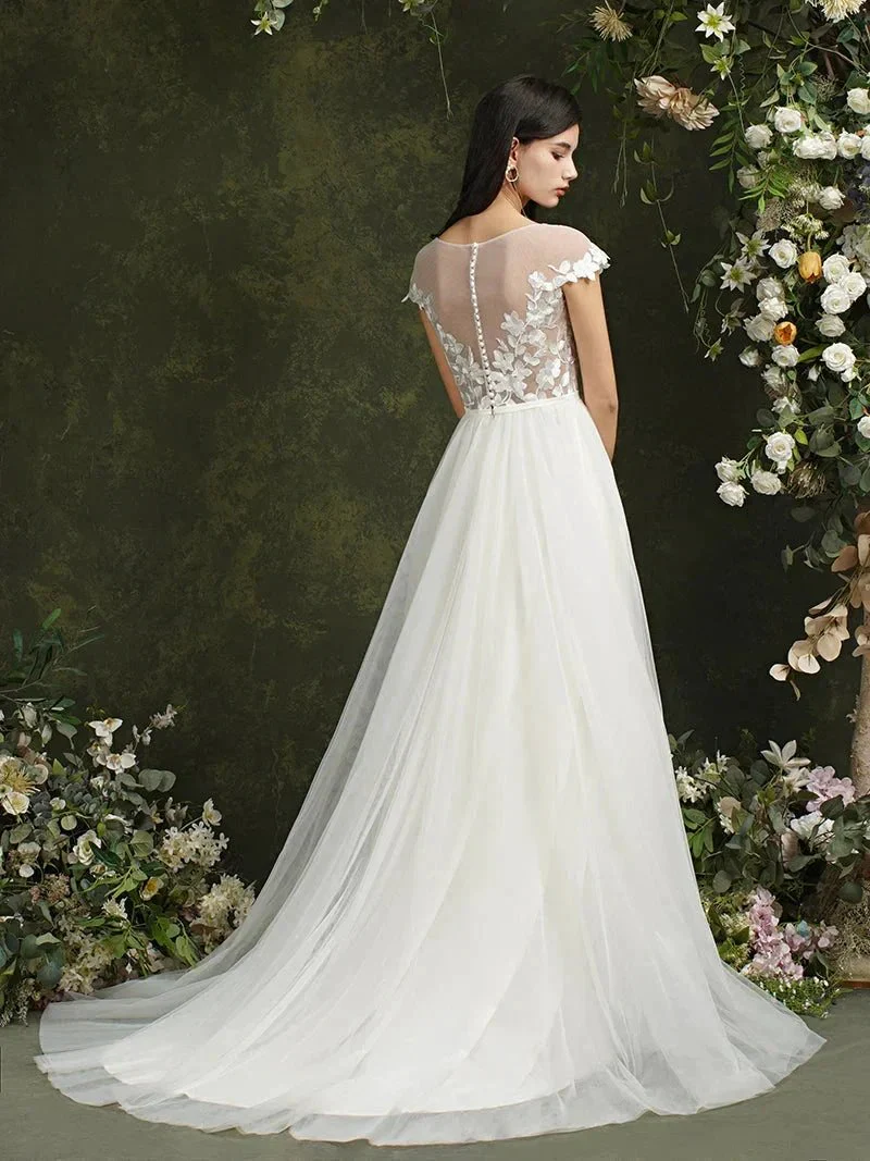 Biztunnel Long A-line Sweetheart Chiffon Lace Wedding Dresses with slit - Image 7