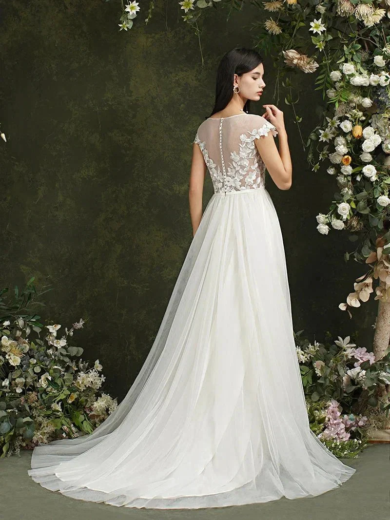 Biztunnel Long A-line Sweetheart Chiffon Lace Wedding Dresses with slit - Image 8