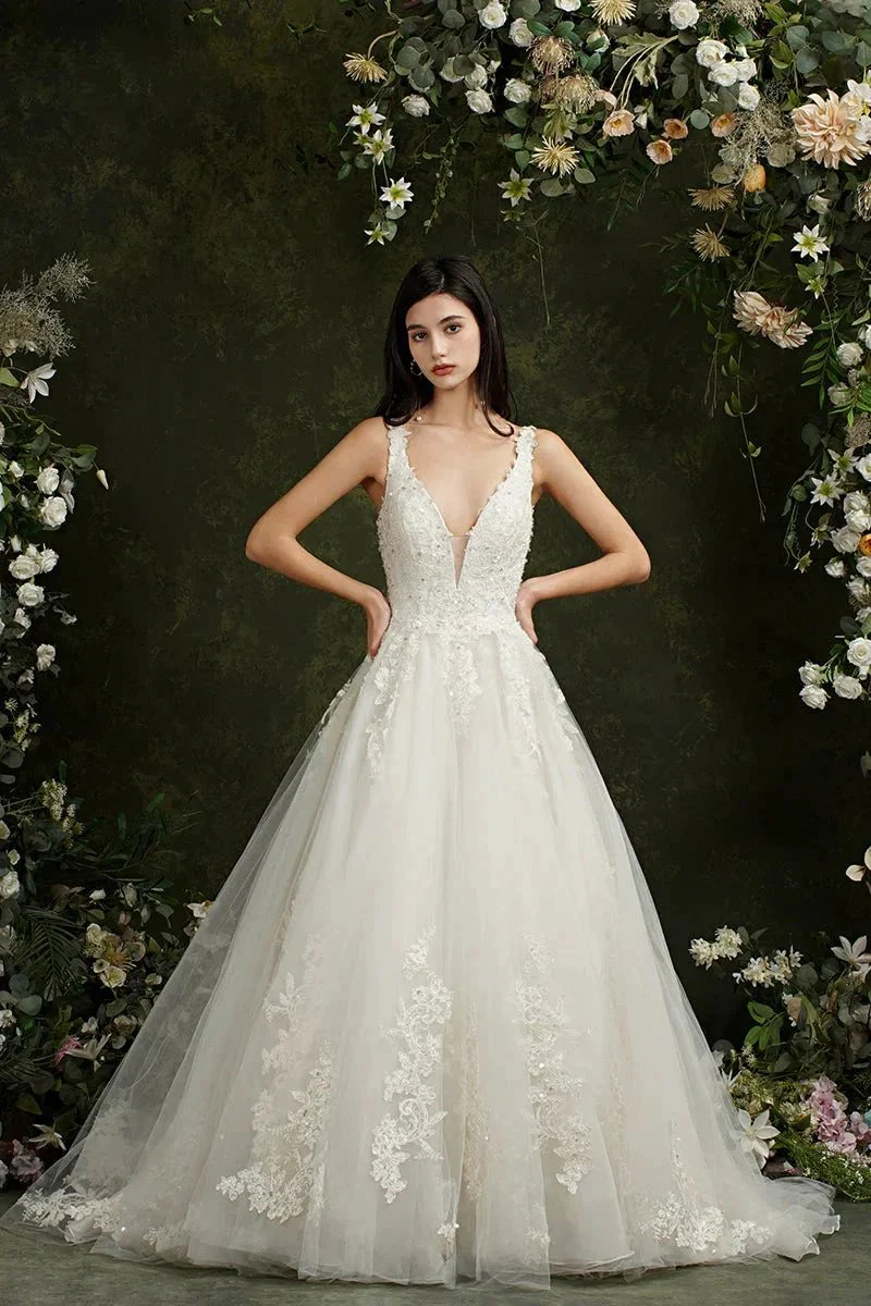 Biztunnel Long A-line V-neck Tulle Lace Backless Wedding Dresses - Image 2