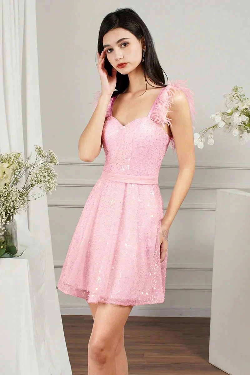 Pink Short A-line Sweetheart Tulle Beading Formal Prom Dresses - Image 5