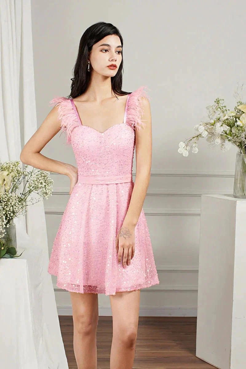 Pink Short A-line Sweetheart Tulle Beading Formal Prom Dresses - Image 9