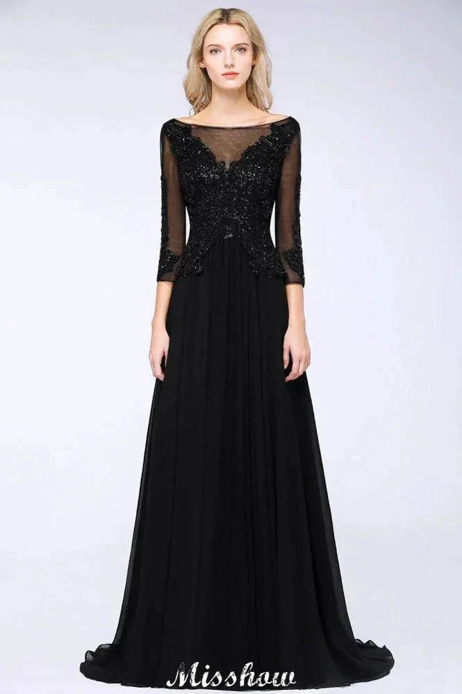 Black 3/4 Sleeves Beads A-Line Appliques Bridesmaid Dresses Tulle Party Dress - Image 2