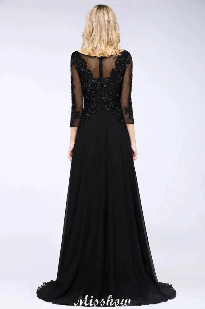 Black 3/4 Sleeves Beads A-Line Appliques Bridesmaid Dresses Tulle Party Dress - Image 3