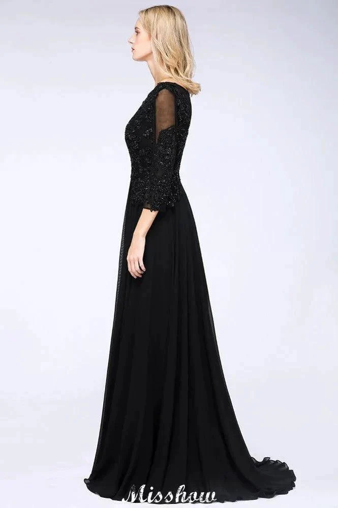 Black 3/4 Sleeves Beads A-Line Appliques Bridesmaid Dresses Tulle Party Dress - Image 4