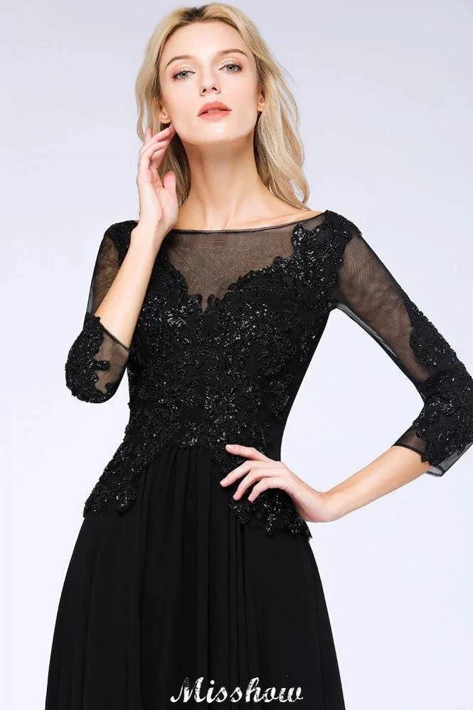Black 3/4 Sleeves Beads A-Line Appliques Bridesmaid Dresses Tulle Party Dress - Image 5