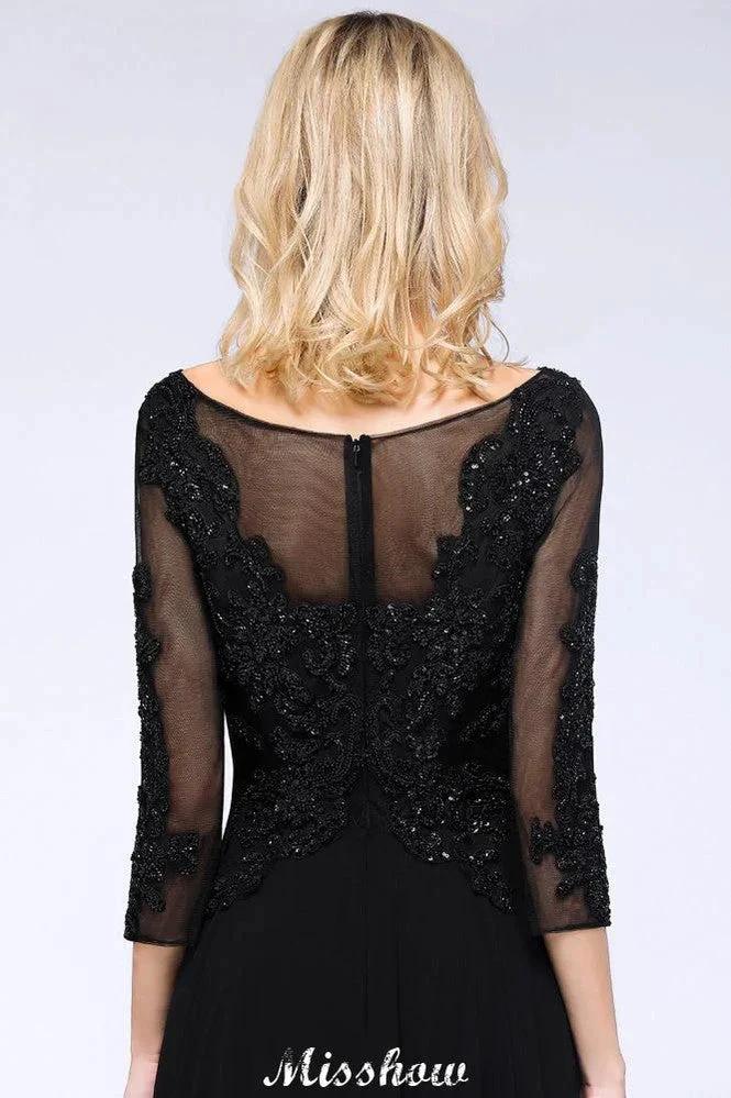 Black 3/4 Sleeves Beads A-Line Appliques Bridesmaid Dresses Tulle Party Dress - Image 6
