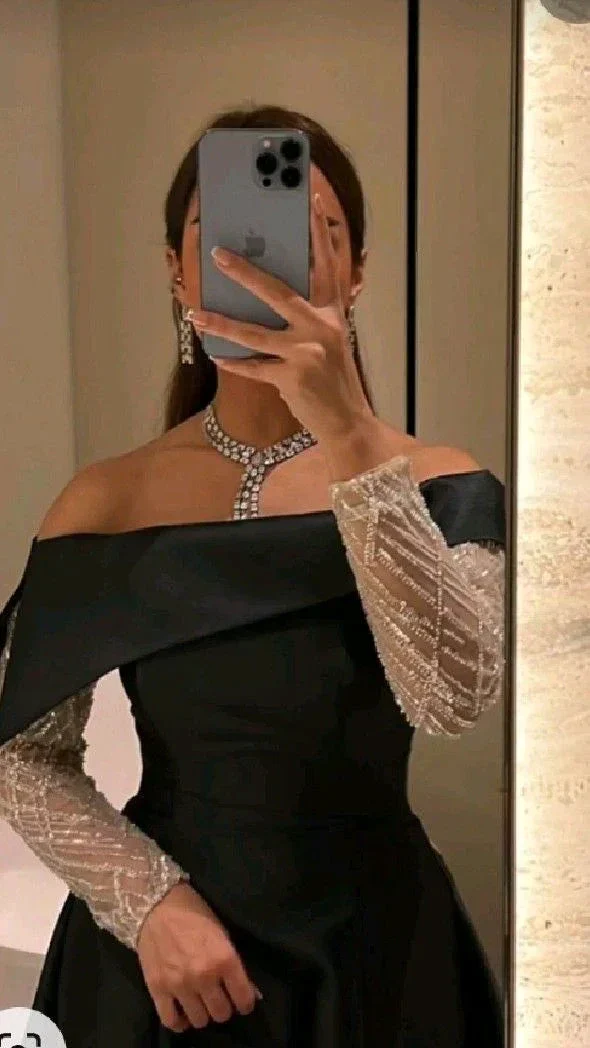 Black A Line Boat Neck Evening Dresses Beads Long Sleeve Floor Length Satin Saudi Arabia Formal Wedding Party Gowns Y4630 - Image 2