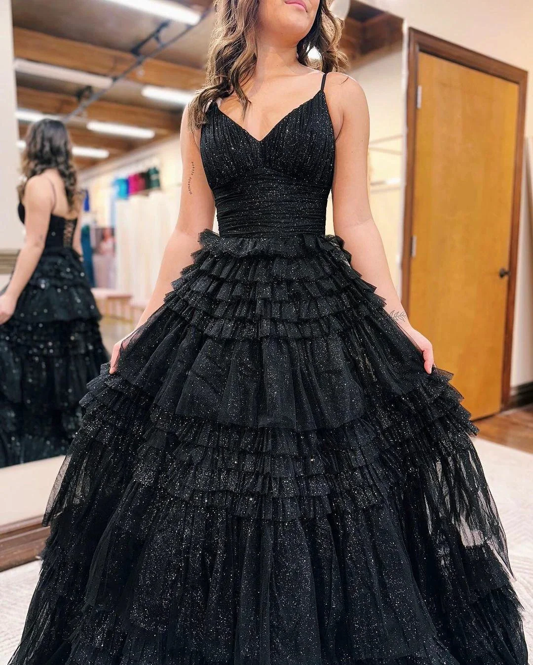 Emerson |A-Line Deep V Neck Tiered Long Glitter Tulle Prom Dress - Image 2