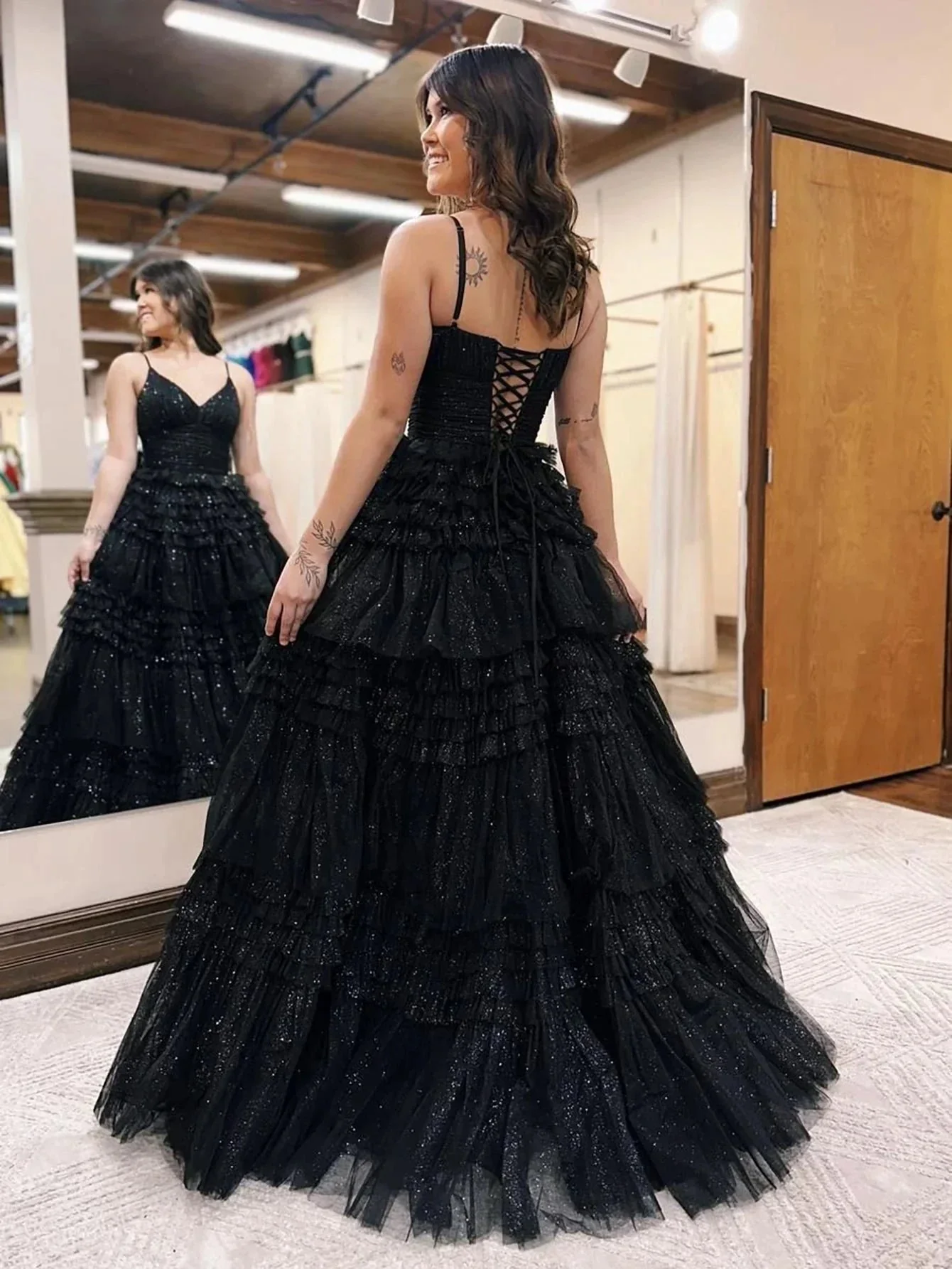 Emerson |A-Line Deep V Neck Tiered Long Glitter Tulle Prom Dress - Image 3