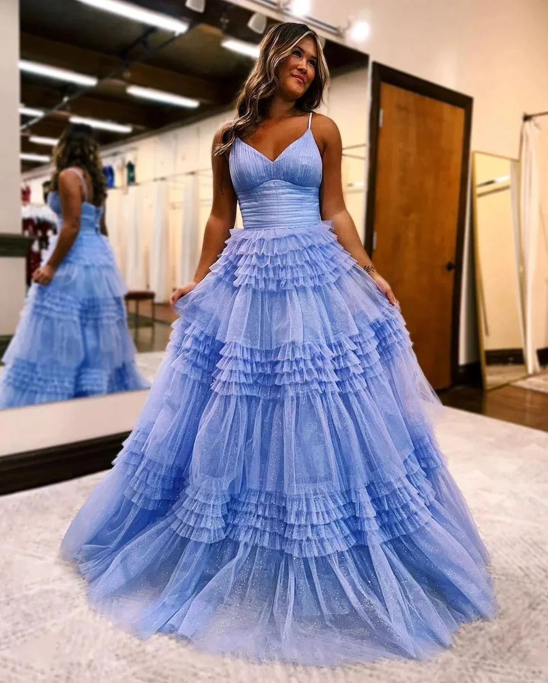 Emerson |A-Line Deep V Neck Tiered Long Glitter Tulle Prom Dress - Image 4