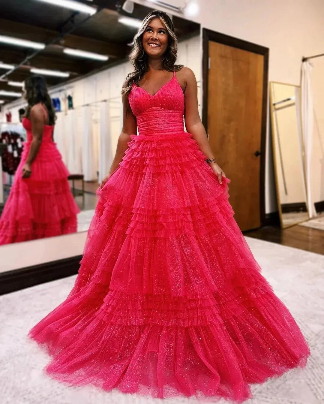 Emerson |A-Line Deep V Neck Tiered Long Glitter Tulle Prom Dress - Image 5