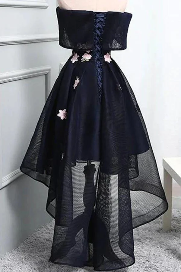 Unique A-Line High Low Off The Shoulder Lace Up Navy Blue Elegant Prom Dresses With Appliques - Image 2