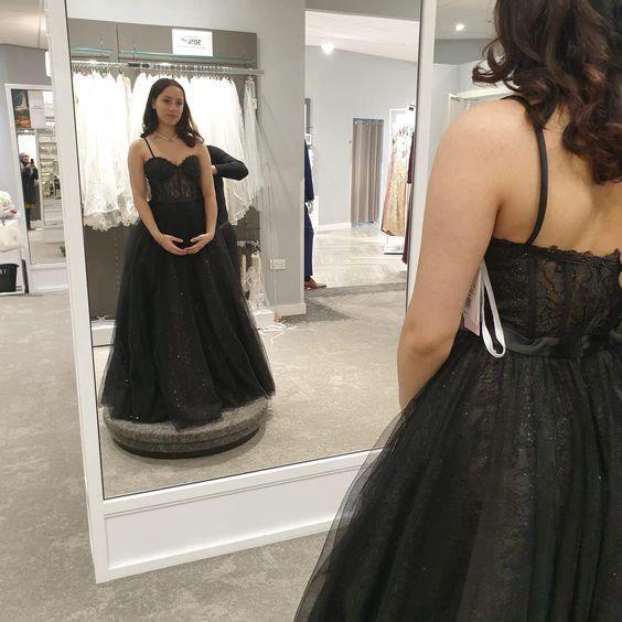Black A-line Spaghetti Straps Sparkle Illusion Corset Evening Dress Y1016 - Image 2