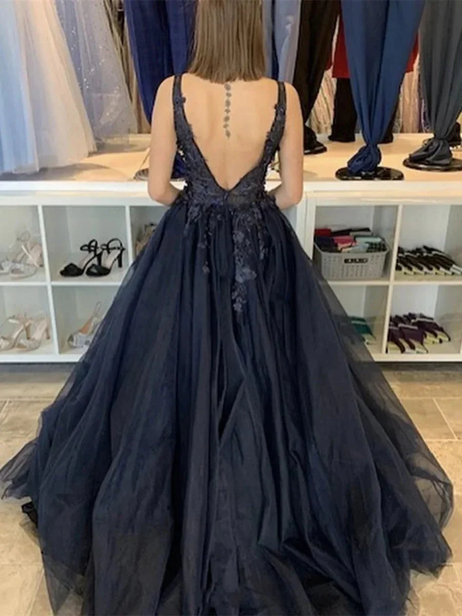 Black A-line V Neck Tulle Open Back Appliques Lace Long Prom Dresses - Image 2