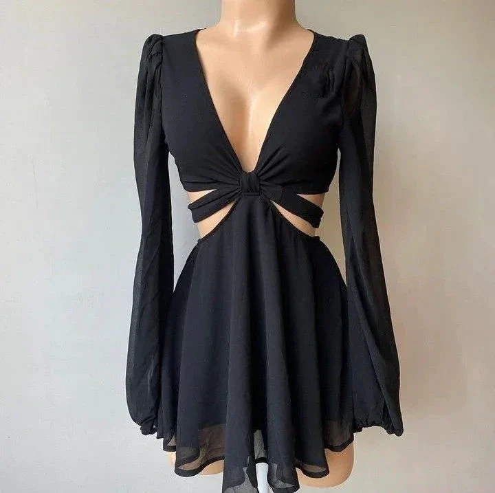 Black A-line Waist Cut-out Homecoming Dress Black Cocktail Dress Y4302 - Image 2