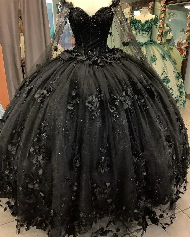 Black Ball Gown Quinceanera Dresses with Flowers,Sweet 16 Dresses Y5753 - Image 2