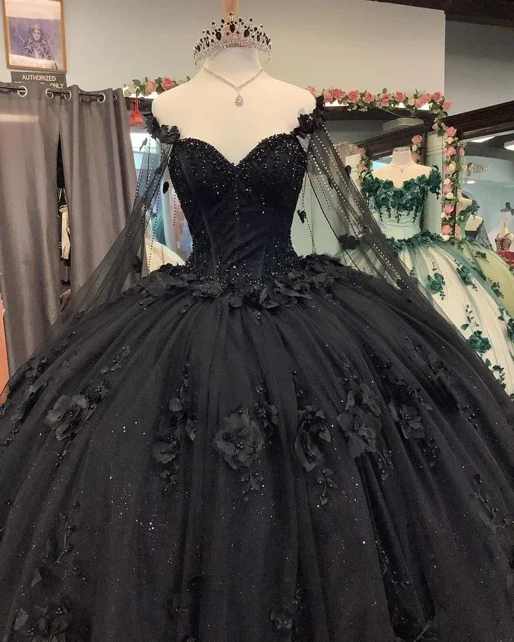 Black Ball Gown Quinceanera Dresses with Flowers,Sweet 16 Dresses Y5753 - Image 4