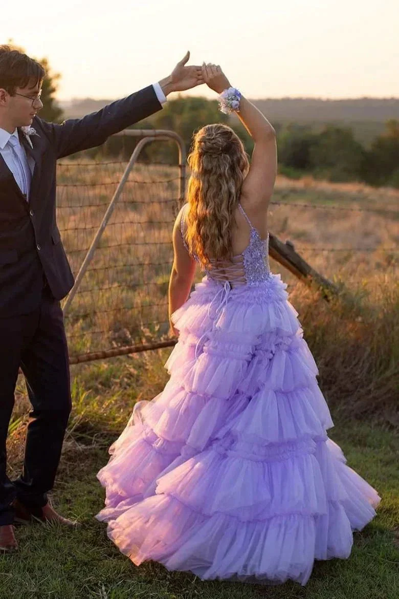 Hadlee | Black Beaded Spaghetti Strap Ruffle Tiered Ball Gown - Image 2