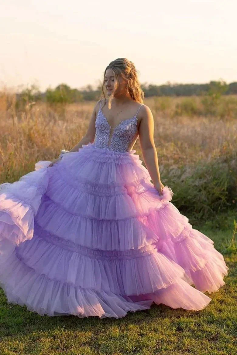 Hadlee | Black Beaded Spaghetti Strap Ruffle Tiered Ball Gown - Image 3