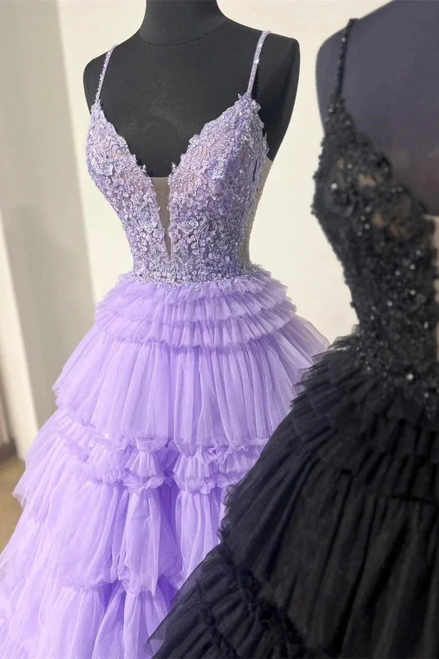 Hadlee | Black Beaded Spaghetti Strap Ruffle Tiered Ball Gown - Image 4