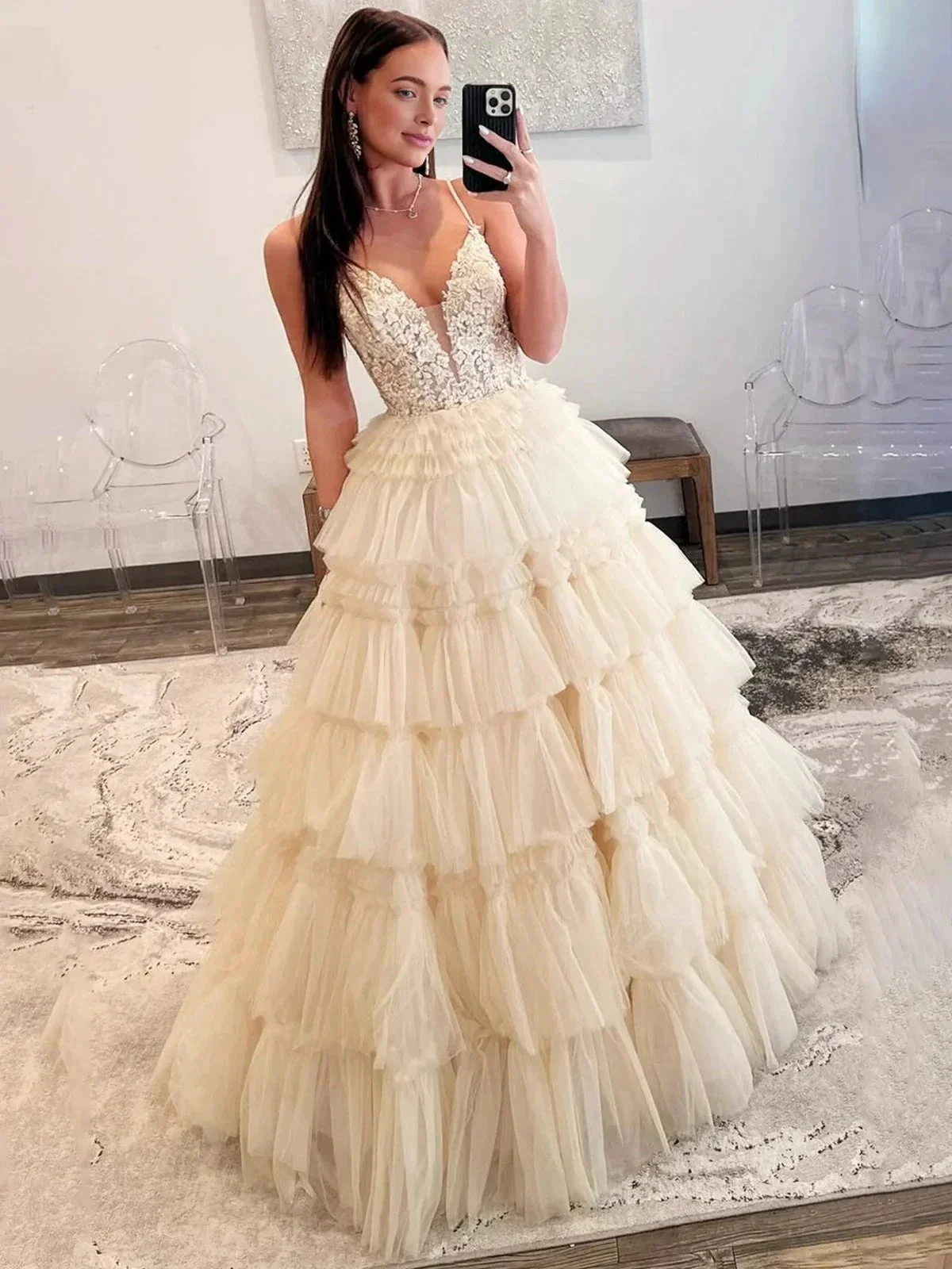Hadlee | Black Beaded Spaghetti Strap Ruffle Tiered Ball Gown - Image 5