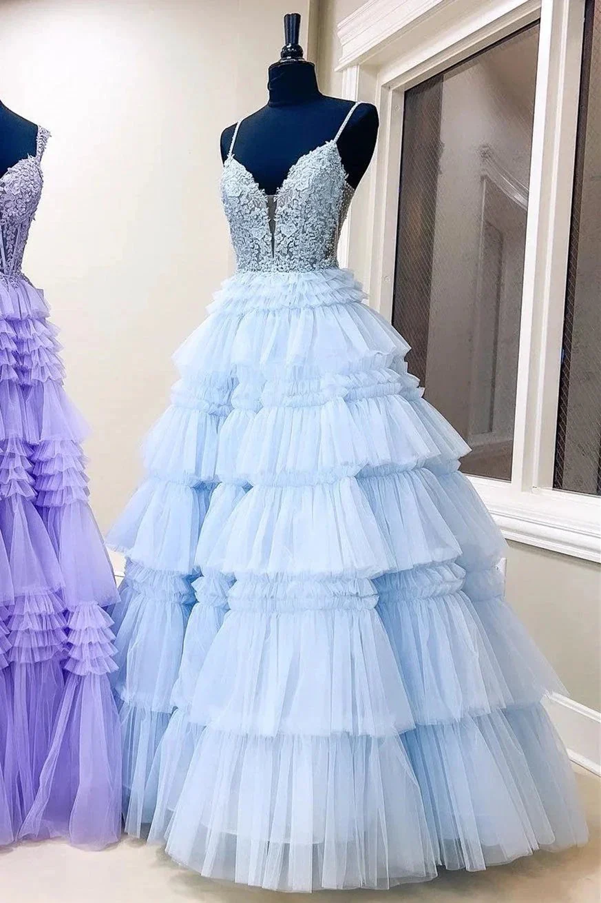 Hadlee | Black Beaded Spaghetti Strap Ruffle Tiered Ball Gown - Image 7