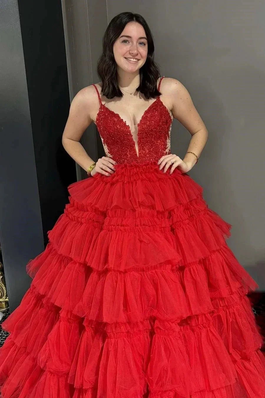 Hadlee | Black Beaded Spaghetti Strap Ruffle Tiered Ball Gown - Image 8