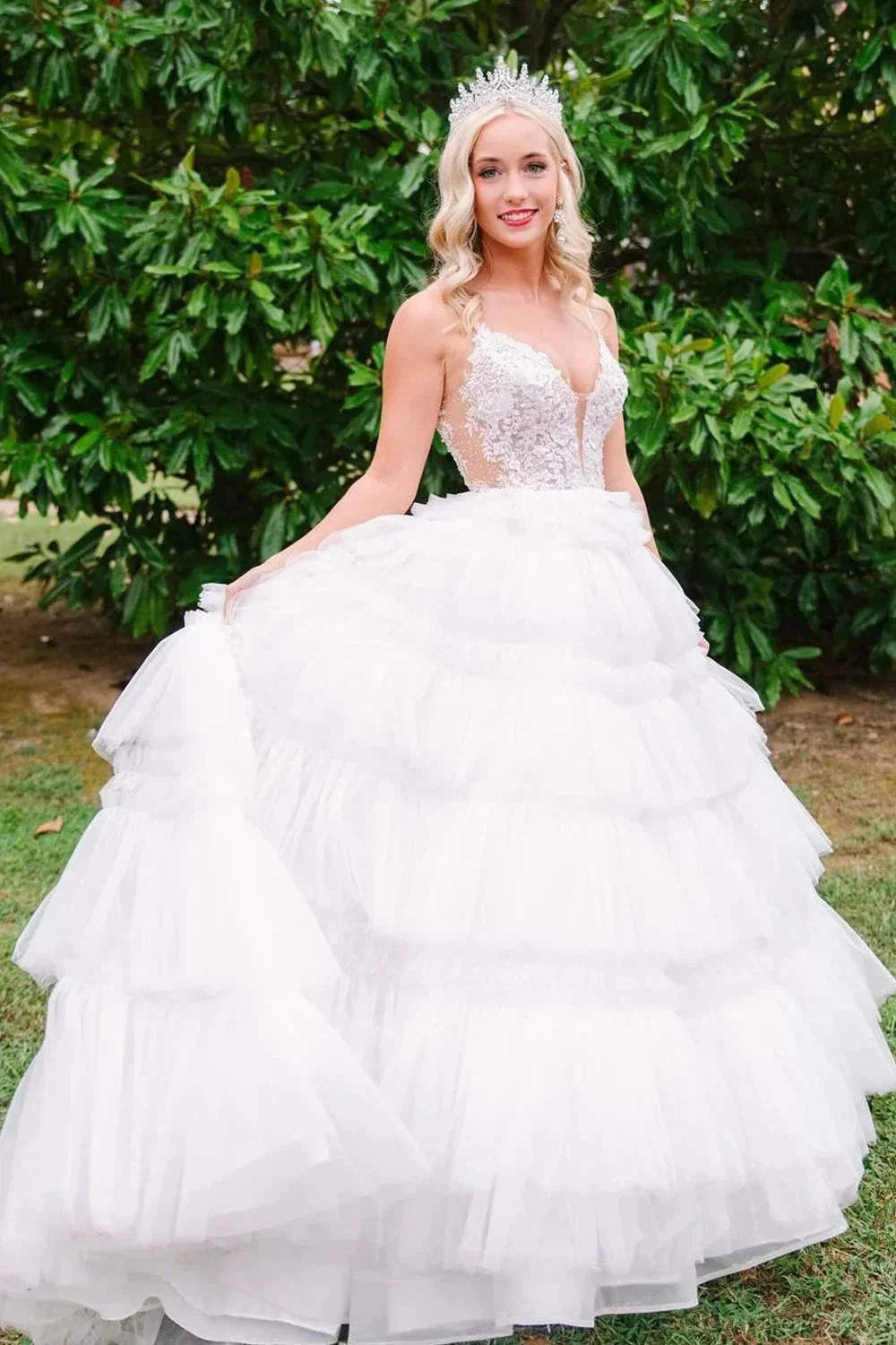 Hadlee | Black Beaded Spaghetti Strap Ruffle Tiered Ball Gown - Image 9
