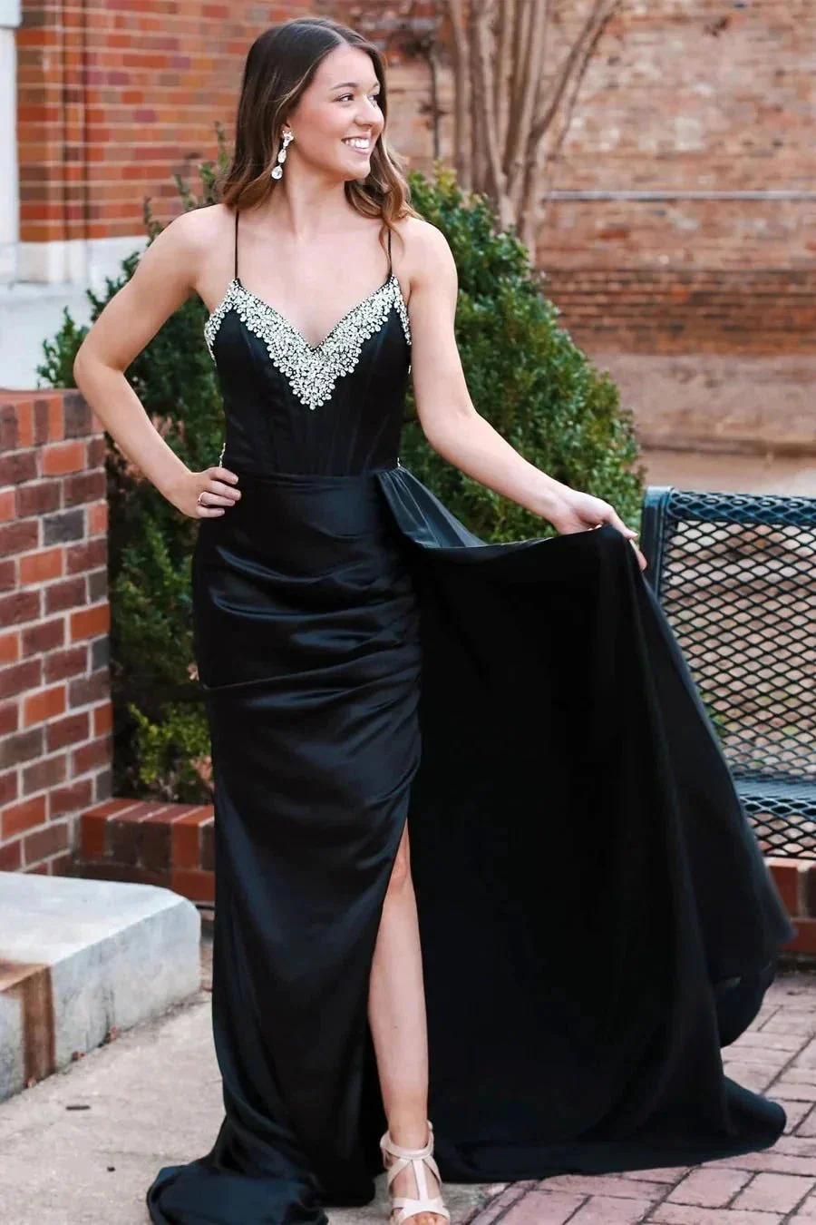 Black Beading V-Neck Long Prom Dress with Attached Train PSK482 - Image 2