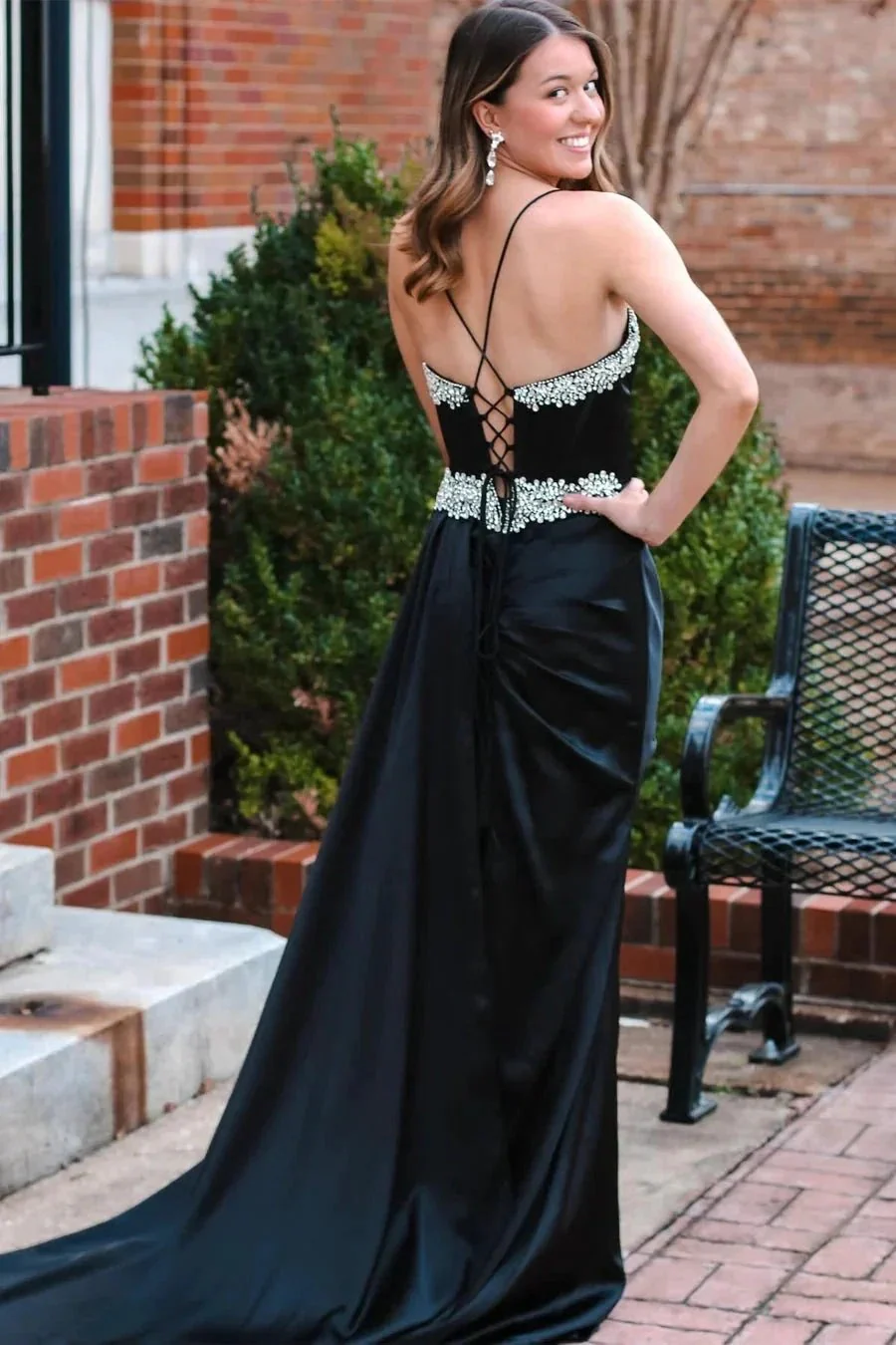 Black Beading V-Neck Long Prom Dress with Attached Train PSK482 - Image 3