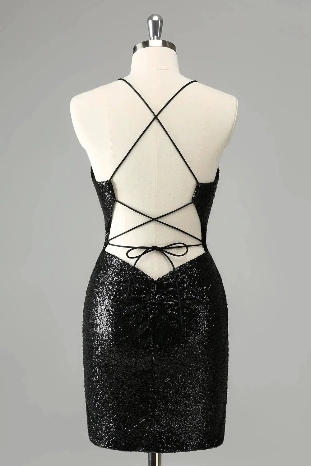 Black Bodycon Spaghetti Straps Sequins Short Homecoming Dress with Lace-up Back - Image 2