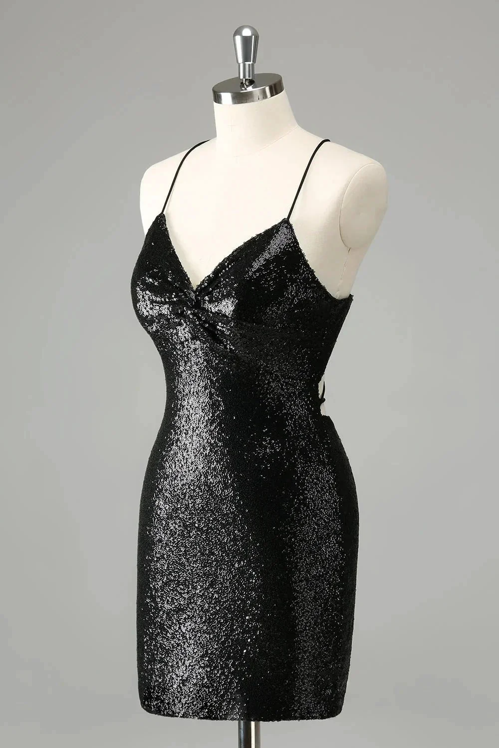 Black Bodycon Spaghetti Straps Sequins Short Homecoming Dress with Lace-up Back - Image 3