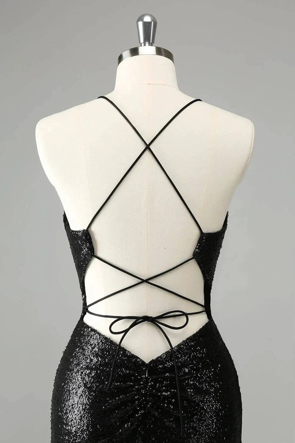 Black Bodycon Spaghetti Straps Sequins Short Homecoming Dress with Lace-up Back - Image 5