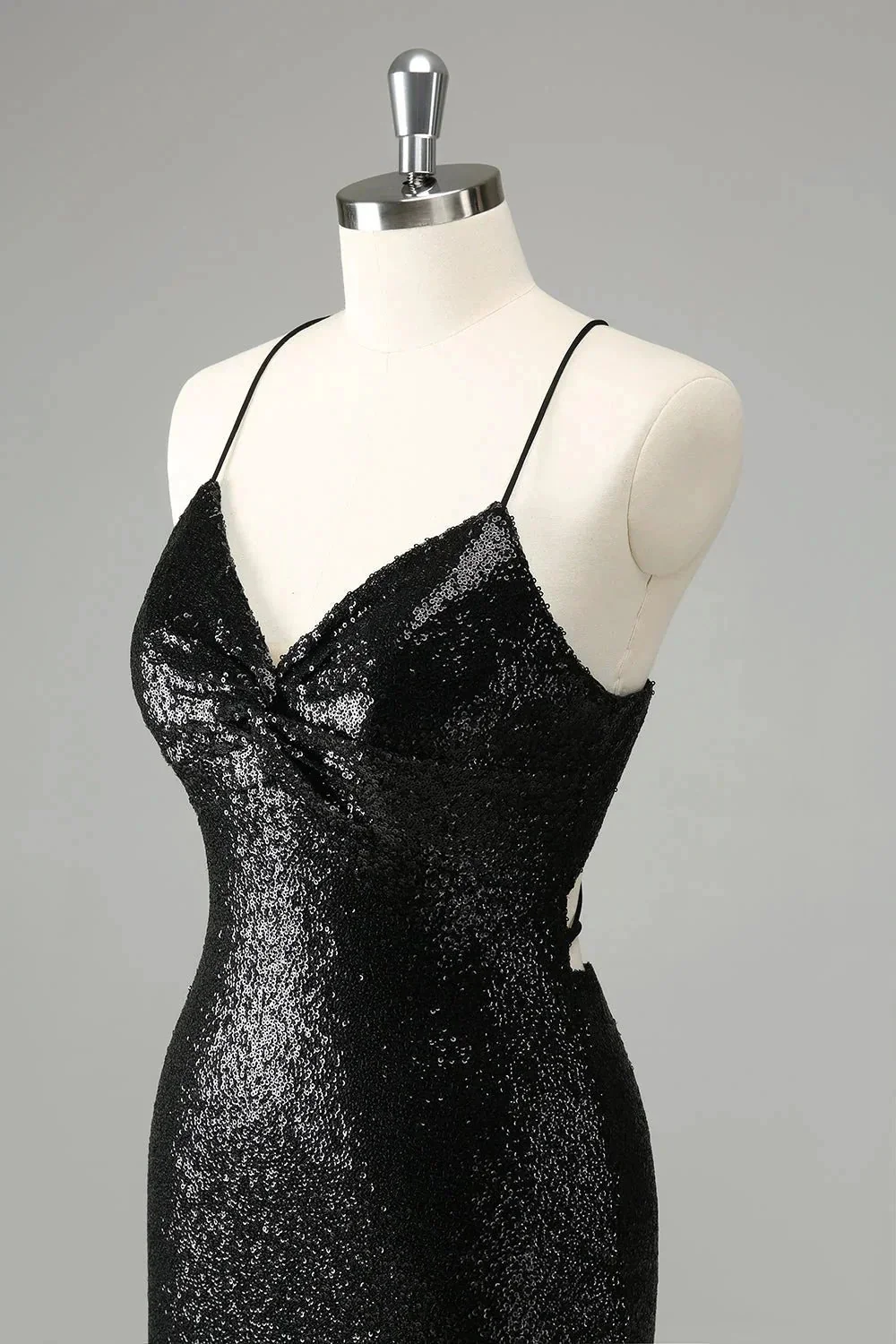 Black Bodycon Spaghetti Straps Sequins Short Homecoming Dress with Lace-up Back - Image 6