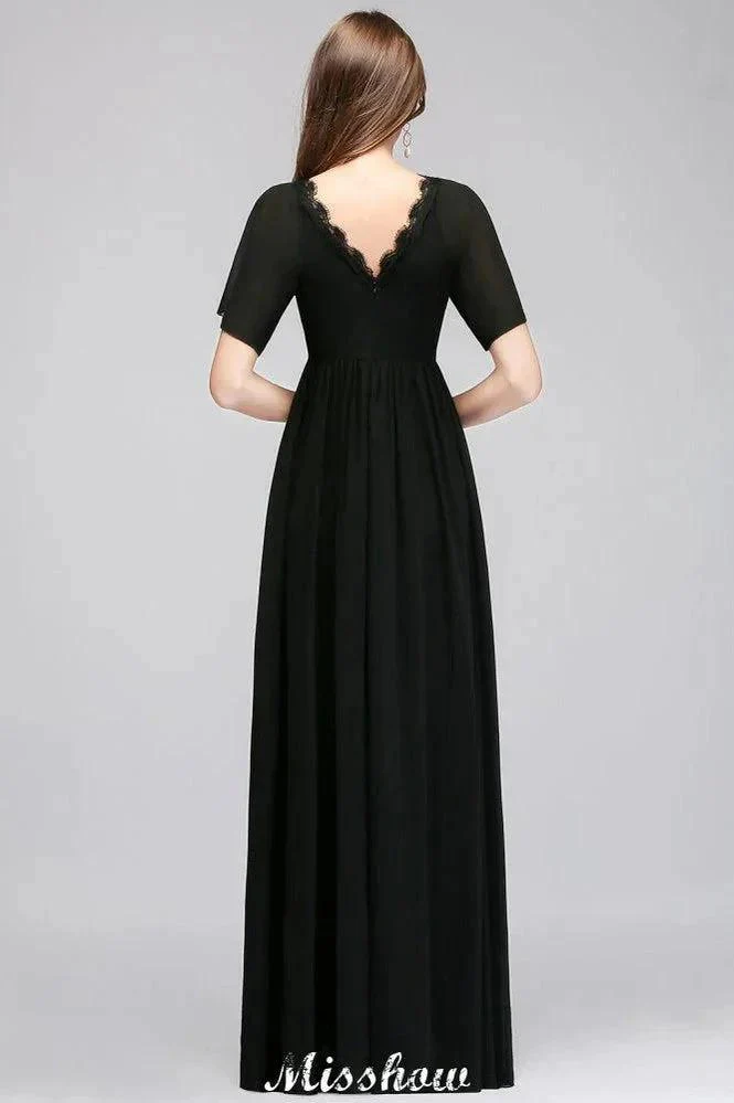 Black Chiffon A-line Bridesmaid Dress V-Neck Floor Length - Image 2