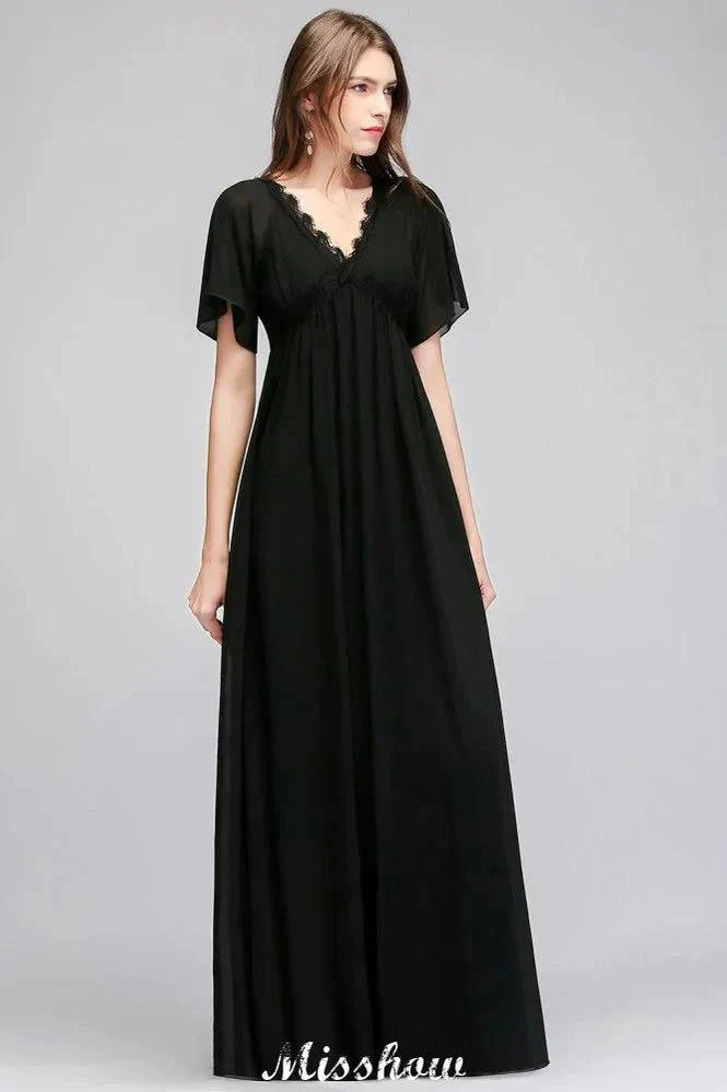 Black Chiffon A-line Bridesmaid Dress V-Neck Floor Length - Image 3