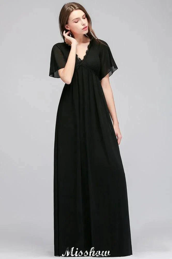 Black Chiffon A-line Bridesmaid Dress V-Neck Floor Length - Image 4