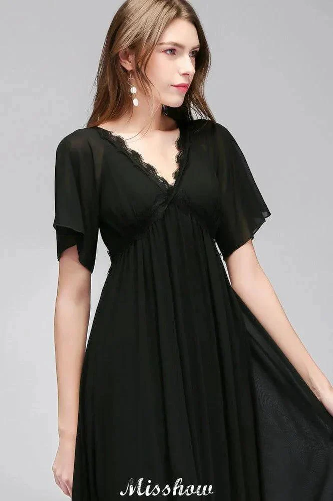 Black Chiffon A-line Bridesmaid Dress V-Neck Floor Length - Image 5