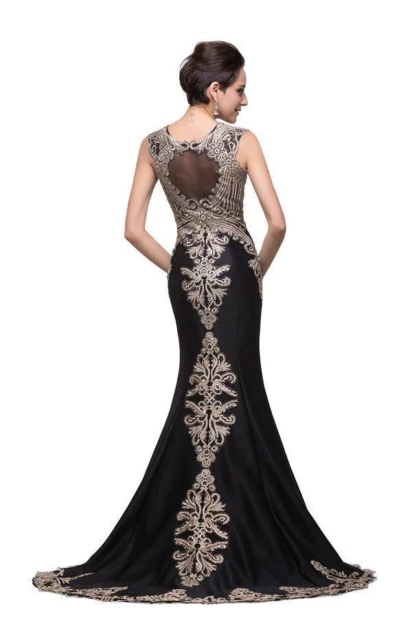 Black Crew Sweep-length Appliqued Mermaid Prom Dresses - Image 2