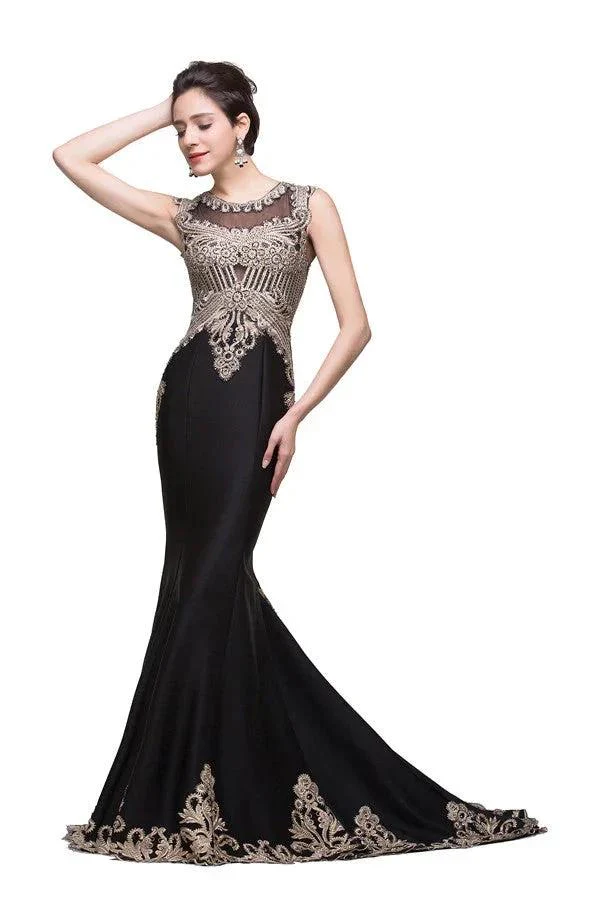 Black Crew Sweep-length Appliqued Mermaid Prom Dresses - Image 3