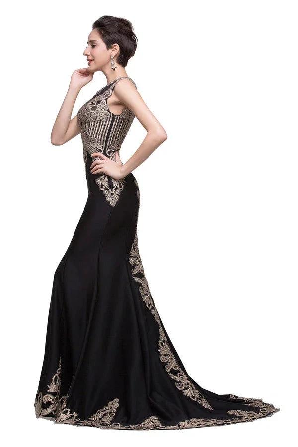 Black Crew Sweep-length Appliqued Mermaid Prom Dresses - Image 4
