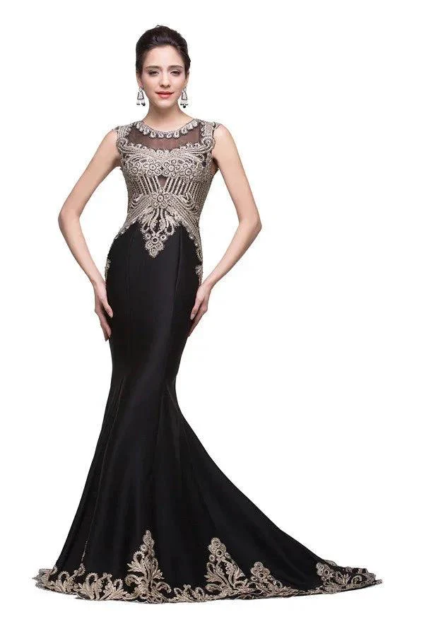 Black Crew Sweep-length Appliqued Mermaid Prom Dresses - Image 5