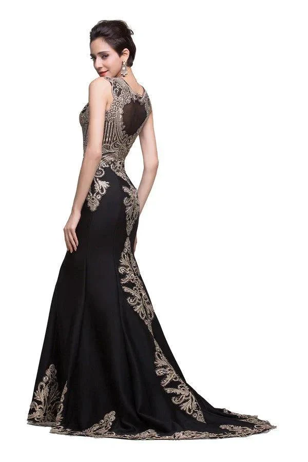 Black Crew Sweep-length Appliqued Mermaid Prom Dresses - Image 6