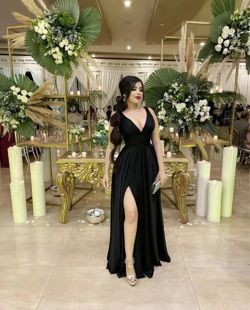 Black Deep V Neck Long Evening Dress Black Bridesmaid Dress Y4648 - Image 2