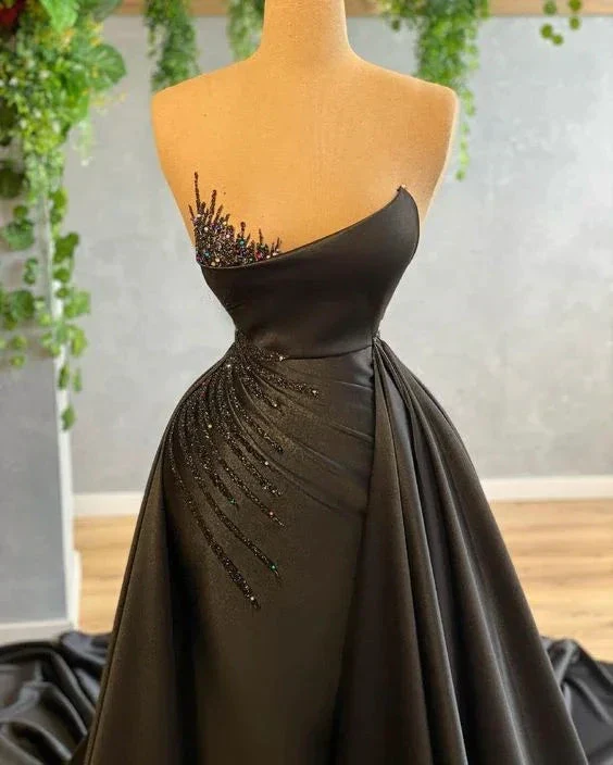 Black Detachable Train Prom Dresses For Women Beading Pleated Evening Dresses Y6676 - Image 2