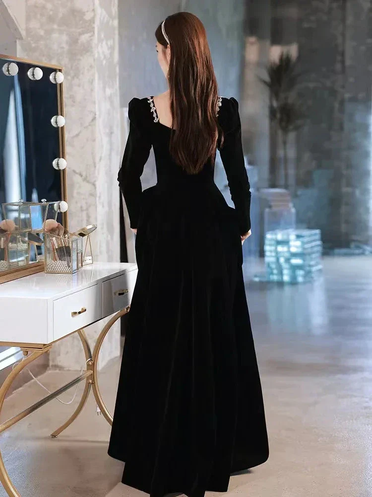 Black evening dress,high sense velvet long sleeve evening dress, custom made Y2934 - Image 2