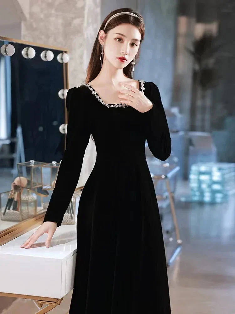 Black evening dress,high sense velvet long sleeve evening dress, custom made Y2934 - Image 3