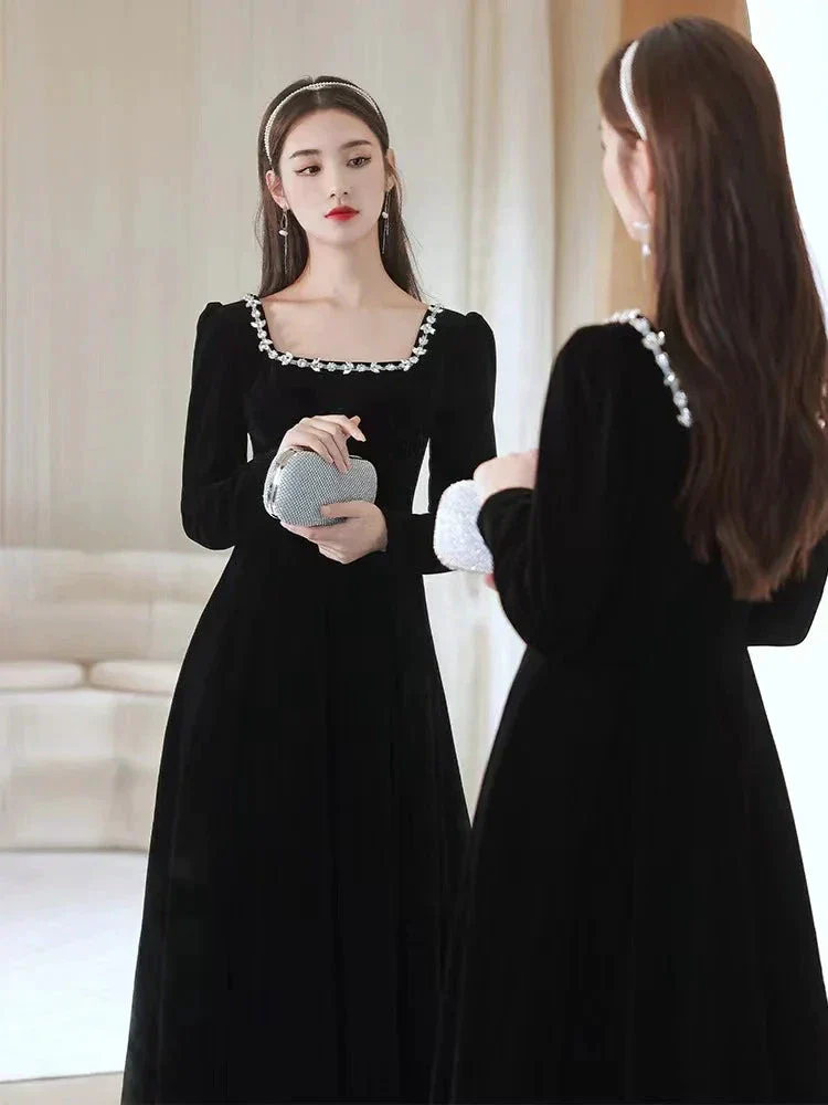 Black evening dress,high sense velvet long sleeve evening dress, custom made Y2934 - Image 4