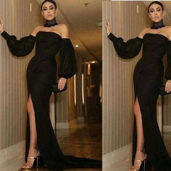 Black Evening Dress, Long Sleeve Prom Dress, Mermaid Evening Dress Y92 - Image 2